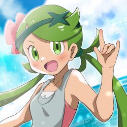 Rule 34 | 1girl, bare shoulders, creatures (company), flower, game freak, green eyes, green hair, hair flower, hair ornament, highres, mallow (pokemon), marie (marie cookie222), nintendo, overalls, pokemon, pokemon sm, twintails