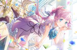 Rule 34 | 1girl, ahoge, anyoji hime, aqua ascot, black ribbon, blonde hair, blue eyes, blue flower, chandelier, closed mouth, double v, dream believers (love live!), dress, eraser, feet up, floating, floating hair, flower, frilled dress, frills, full body, game cg, gradient hair, hair intakes, hair ribbon, highres, inward v, lens flare, link! like! love live!, long hair, looking at viewer, love live!, multi-tied hair, multicolored hair, official art, pen, pink dress, pink flower, pink hair, ponytail, ribbon, short sleeves, sidelocks, smile, solo, textbook, third-party source, v, very long hair, virtual youtuber, white dress, wide sleeves, window, yellow flower