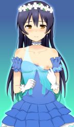 Rule 34 | 10s, 1girl, bare shoulders, blue hair, blush, breast slip, breasts, clothes pull, dress, earrings, flower, gloves, gradient background, hair ornament, highres, jewelry, long hair, looking at viewer, love live!, love live! school idol project, nipples, nyanchu, off shoulder, one breast out, shirt pull, small breasts, smile, solo, sonoda umi, white gloves, wreath, yellow eyes, yume no tobira