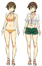 Rule 34 | 1girl, alternate costume, bare shoulders, bikini, bracelet, breasts, brown hair, cleavage, eyewear on head, full body, green shorts, hiryuu (kancolle), jewelry, kantai collection, large breasts, looking at viewer, midriff, multiple views, navel, necklace, poco (backboa), sandals, short hair, shorts, simple background, smile, sunglasses, sunglasses on head, swimsuit, white background, yellow bikini