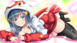 Rule 34 | 1girl, black hair, black thighhighs, blue eyes, blush, breasts, closed mouth, collarbone, cosplay, creatures (company), dawn (pokemon), game freak, highres, hood, hoodie, large breasts, latias (cosplay), legendary pokemon, long hair, long sleeves, looking at viewer, lying, nintendo, on side, pokemon, pokemon dppt, smile, solo, takecha, thighhighs