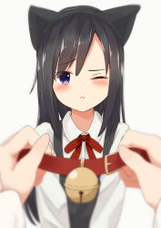 Rule 34 | 1girl, 1other, absurdres, animal ears, asashio (kancolle), asashio kai ni (kancolle), bell, black eyes, black hair, blurry, cat ears, collar, commentary request, depth of field, dress, highres, jingle bell, kafi (cafee kuu), kantai collection, long hair, long sleeves, looking at viewer, one eye closed, pinafore dress, red collar, shirt, simple background, sleeveless, sleeveless dress, upper body, white background, white shirt