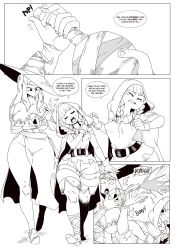 Rule 34 | 2girls, absurdres, areola slip, bare shoulders, belt, blunt bangs, boots, braid, breasts, bumping, cape, cleavage, collarbone, curvy, detached sleeves, dialogue box, dragon&#039;s crown, elf, elf (dragon&#039;s crown), english text, fantasy, fingernails, gloves, groin, hat, highres, horrified, large breasts, long hair, monochrome, multiple girls, nuclear wasabi, open mouth, pointy ears, potion, shoes, shorts, skirt, small breasts, sorceress (dragon&#039;s crown), stretching, tagme, teeth, thick thighs, thigh boots, thighhighs, thighs, twin braids, upper teeth only, wide hips, witch hat