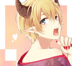 Rule 34 | 1boy, bare shoulders, blonde hair, blue eyes, chisumi, earrings, fangs, fingernails, floral print, from behind, hair between eyes, heart, horns, japanese clothes, jewelry, kimono, looking at viewer, looking back, male focus, nail polish, off shoulder, open mouth, original, pointy ears, purple kimono, red nails, solo