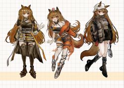 Rule 34 | 1girl, animal ears, arknights, armband, bag, bandeau, belt, black bandeau, black footwear, black shorts, black skirt, boots, bracelet, brown hair, bucket hat, ceobe (arknights), ceobe (summer flowers) (arknights), ceobe (unfettered) (arknights), closed mouth, commentary, dog ears, dog girl, dog tail, drooling, ears through headwear, gloves, grey jacket, grey shirt, hat, highres, holding, holding bag, infection monitor (arknights), jacket, jewelry, long hair, long sleeves, material growth, multiple belts, multiple views, mushroom, mushroom on head, official alternate costume, open mouth, orange jacket, oripathy lesion (arknights), parted lips, patterned background, pomopomoinu, red eyes, red gloves, shirt, shoes, shorts, simple background, skirt, sneakers, tail, thigh boots, thigh strap, waving, white background, white footwear, white headwear