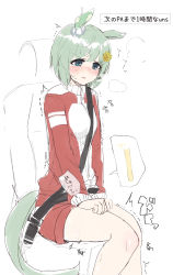 Rule 34 | 1girl, animal ears, blue eyes, blush, breasts, breath, car interior, clenched hands, embarrassed, female focus, green hair, hair ornament, hairclip, have to pee, heavy breathing, highres, horse ears, horse girl, horse tail, jacket, jasz, legs together, long sleeves, looking down, nose blush, open mouth, own hands together, red jacket, red shorts, seat, seatbelt, seiun sky (umamusume), short hair, short shorts, shorts, sidelocks, sitting, small breasts, solo, sweat, tail, tears, track jacket, trembling, umamusume, urine meter, v-shaped eyebrows, zipper, zipper pull tab