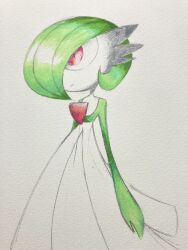 Rule 34 | 1girl, absurdres, arms at sides, bob cut, closed mouth, colored skin, creatures (company), expressionless, female focus, flat chest, game freak, gardevoir, gen 3 pokemon, green hair, green skin, hair over one eye, highres, looking to the side, multicolored skin, nintendo, one eye covered, pokemon, pokemon (creature), red eyes, short hair, simple background, slit pupils, solo, standing, traditional media, two-tone skin, uehaasu, white background, white skin