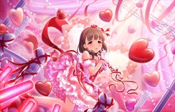 Rule 34 | 10s, 1girl, artist request, bare shoulders, blush, brown hair, collarbone, detached sleeves, earrings, gloves, glowstick, hairband, half gloves, heart, idolmaster, idolmaster cinderella girls, idolmaster cinderella girls starlight stage, jewelry, long hair, looking at viewer, necklace, official art, puffy detached sleeves, puffy sleeves, red ribbon, ribbon, sakuma mayu, smile, solo, white gloves