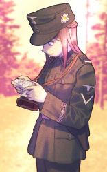 Rule 34 | 1girl, belt, belt buckle, blue eyes, blurry, blurry background, braid, breast pocket, brown hair, buckle, buttons, camera, cowboy shot, edelweiss (flower), forest, germany, grey hat, hat, holding, holding camera, holster, insignia, karasumi (sumizono), looking at object, m43 field cap, medium hair, military, military hat, military uniform, nature, nazi, original, patch, pocket, reichsadler, shoulder patch, sidelocks, soldier, solo, ss insignia, strap, totenkopf, uniform, upper body, waffen-ss, world war ii