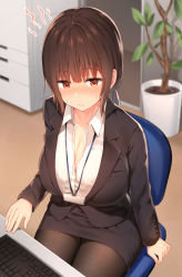 Rule 34 | 1girl, black jacket, blazer, blurry, blurry background, blush, breasts, brown hair, brown pantyhose, chair, cleavage, dress shirt, formal, highres, indoors, jacket, keyboard (computer), lanyard, large breasts, long hair, looking at viewer, low twintails, nose blush, office chair, office lady, original, pantyhose, pencil skirt, plant, potted plant, red eyes, shirt, sitting, skirt, skirt suit, solo, suit, sune (mugendai), sweat, swivel chair, twintails
