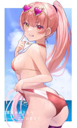Rule 34 | 1girl, ass, bikini, bikini pull, border, breasts, butt crack, clothes pull, cowboy shot, earrings, eyewear on head, from side, hair tie, heart, heart-shaped eyewear, heart earrings, heart necklace, heterochromia, highres, hololive, houshou marine, houshou marine (summer), jewelry, looking at viewer, looking back, medium breasts, necklace, negima (le ne38), ocean, ponytail, red eyes, red hair, smirk, solo, strap gap, swimsuit, thigh strap, translated, v-shaped eyebrows, virtual youtuber, water, water drop, wet, white border