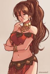 Rule 34 | 1girl, bracelet, breasts, brown hair, closed mouth, dancer, earrings, jewelry, long hair, looking at viewer, ma-hain-scarlet, midriff, mole, mole under mouth, navel, necklace, octopath traveler, octopath traveler i, ponytail, primrose azelhart, simple background, solo