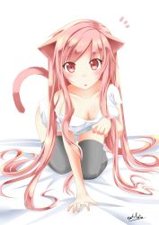 Rule 34 | 1girl, :o, all fours, animal ears, black thighhighs, breasts, cat ears, cat tail, catstudioinc (punepuni), cleavage, collarbone, fang, highres, long hair, looking at viewer, naked shirt, off shoulder, open mouth, original, pink eyes, pink hair, puni (miku plus), shirt, simple background, solo, surprised, tail, thighhighs, very long hair, white background, white shirt