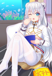 Rule 34 | + +, 1girl, ;o, air bubble, ass, azur lane, bed, blue eyes, blush, book, breasts, bubble, chips (food), clothing cutout, commentary request, crossed legs, double bun, dress, fish, fish tank, food, glass, hair between eyes, hair bun, hair ribbon, hand to own mouth, hand up, holding, holding book, knees up, le malin (azur lane), long hair, long sleeves, looking at viewer, no shoes, on bed, one eye closed, pantyhose, plant, potato chips, revision, ribbon, sidelocks, silver hair, sitting, small breasts, solo, symbol-shaped pupils, thighband pantyhose, tukino neru, underboob, underboob cutout, very long hair, water, white dress, white pantyhose, yawning