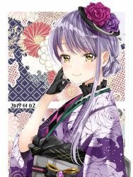 Rule 34 | 1girl, bad id, bad twitter id, bang dream!, black gloves, black hat, blush, commentary request, dated, floral background, floral print, flower, gloves, hair bun, hair up, hand on own face, hat, hat flower, ito22oji, japanese clothes, kimono, light purple hair, looking at viewer, minato yukina, obi, purple flower, purple hair, purple kimono, sash, sidelocks, single hair bun, smile, solo, upper body, yellow eyes