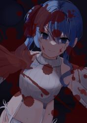 Rule 34 | 1girl, absurdres, alternate costume, blood, blood on face, blue eyes, blue hair, closed mouth, cowboy shot, double-parted bangs, empty eyes, hair between eyes, highres, hololive, hoshimachi suisei, idol, kurenaiaoi0, looking at viewer, medium hair, pov, side ponytail, smile, solo, tears, virtual youtuber, yandere