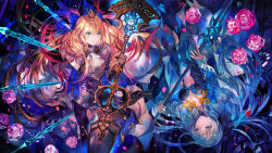 Rule 34 | 1girl, 2girls, absurdres, aqua eyes, armor, artoria caster (fate), artoria caster (third ascension) (fate), artoria pendragon (fate), black bow, blonde hair, blue eyes, blue hair, bow, braid, breasts, capelet, center opening, cleavage, closed mouth, clothing cutout, facial mark, fate/grand order, fate (series), flower, forehead mark, french braid, highres, holding, holding staff, long hair, looking at viewer, medium breasts, morgan le fay (fate), multiple girls, platinum blonde hair, rioka (southern blue sky), rose, smile, staff, stomach cutout, two-tone dress, upside-down, weapon