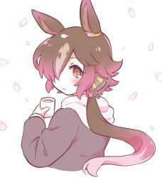 Rule 34 | 1girl, animal ears, black hoodie, blush, brown hair, cherry blossoms, closed mouth, cropped torso, cup, hair over one eye, holding, holding cup, hood, hood down, hoodie, horse ears, long hair, long sleeves, looking at another, looking at viewer, low ponytail, minmin (kemomofuri), petals, solo, umamusume, upper body, vodka (umamusume), yellow eyes