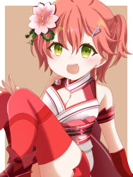 Rule 34 | 1girl, armband, bare shoulders, belt, breasts, brooch, cherry blossom print, cherry blossoms, cleavage, cleavage cutout, clothing cutout, detached sleeves, floral print, flower, green eyes, hair flower, hair ornament, hairclip, highres, hololive, jewelry, looking at viewer, medium breasts, miniskirt, nontraditional miko, nrhngm2, one side up, open mouth, pink hair, sakura miko, sakura miko (old design), simple background, skirt, solo, teeth, thighhighs, virtual youtuber, zettai ryouiki