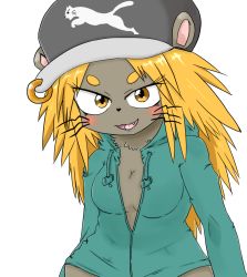 Rule 34 | 1girl, blonde hair, breasts, denbukuro, female focus, furry, furry female, hat, long hair, mouse (animal), open mouth, simple background, solo, white background