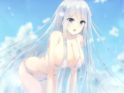 Rule 34 | 1girl, all fours, bad id, bad pixiv id, bikini, blue eyes, breasts, cloud, covered erect nipples, day, flower, gluteal fold, hair flower, hair ornament, hanging breasts, large breasts, long hair, open mouth, original, sakakidani, silver hair, sky, snowdrop (flower), solo, swimsuit, very long hair, water drop, white bikini