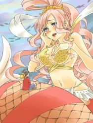 Rule 34 | 1boy, 1girl, bikini, blush, breasts, cleavage, giant, giantess, looking at another, mermaid, monkey d. luffy, monster girl, one piece, open mouth, pink hair, shirahoshi, swimsuit
