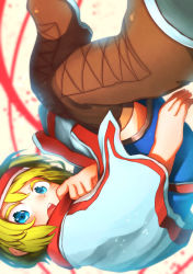 Rule 34 | 1girl, absurdres, alice margatroid, blonde hair, blue eyes, blush, boots, brown footwear, chibi, cookie (touhou), highres, ichigo (cookie), looking at viewer, niwarhythm, open mouth, short hair, short sleeves, solo, teeth, thigh boots, thighhighs, touhou, upside-down