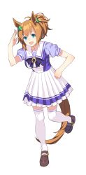Rule 34 | 1girl, :d, animal ears, blouse, blue eyes, breasts, full body, horse ears, horse girl, horse tail, large breasts, looking at viewer, official art, open mouth, pleated skirt, purple shirt, school uniform, serafuku, shirt, skirt, smile, solo, standing, standing on one leg, taiki shuttle (umamusume), tail, thighhighs, transparent background, umamusume, white skirt, white thighhighs, zettai ryouiki