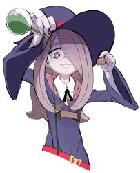 Rule 34 | 10s, 1girl, belt, cork, flask, hair over one eye, half-closed eyes, hat, highres, little witch academia, long hair, looking down, momo (higanbana and girl), pale skin, pink hair, potion, pouring, red eyes, robe, simple background, smile, sucy manbavaran, upper body, white background, wide sleeves, witch, witch hat
