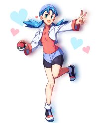 Rule 34 | 1girl, :d, bike shorts, blue hair, breasts, commentary request, creatures (company), cropped jacket, eyelashes, full body, game freak, green eyes, hat, heart, highres, holding, holding poke ball, jacket, kankitukou, knees, leg up, long hair, marina (pokemon), medium breasts, nintendo, open clothes, open jacket, open mouth, outstretched arm, poke ball, poke ball (basic), pokemon, pokemon (anime), pokemon (classic anime), shirt, shoes, smile, solo, standing, standing on one leg, twintails, v, white background
