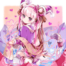 Rule 34 | 1girl, blush, breasts, brown scarf, commentary request, double bun, fringe trim, hair bun, haku (p&amp;d), heart, jacket, long sleeves, looking at viewer, looking back, medium breasts, pikomarie, pink hair, purple eyes, purple jacket, puzzle &amp; dragons, scarf, short shorts, shorts, side bun, sitting, solo, striped tail, tail, thighhighs, tiger tail, twintails, wariza, white shorts, white thighhighs