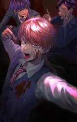 Rule 34 | 3boys, ^ ^, black hair, blood, blood on clothes, blood on face, blue eyes, closed eyes, collared shirt, dress shirt, earrings, eyelashes, formal, haitani ran, haitani rindou, hand up, highres, holding, jacket, jewelry, long hair, looking at viewer, lumian (user lomen), male focus, multicolored hair, multiple boys, necktie, open mouth, pill, pink hair, purple hair, purple jacket, purple neckwear, purple vest, sanzu haruchiyo, scar, scar on face, shirt, short hair, single earring, smile, suit, tokyo revengers, tongue, tongue out, two-tone hair, upper body, v, vest, white shirt