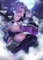 Rule 34 | 1girl, arm belt, ass, bandaged arm, bandages, bare shoulders, black panties, black thighhighs, boots, breasts, facial scar, fate/apocrypha, fate (series), full moon, green eyes, holding, holding weapon, huge ass, ibuki notsu, jack the ripper (fate/apocrypha), jumping, looking at viewer, moon, moonlight, night, night sky, panties, scar, scar across eye, scar on cheek, scar on face, short hair, shoulder tattoo, silver hair, sky, small breasts, solo, tattoo, thighhighs, thighs, thong, underwear, weapon