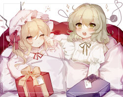 Rule 34 | 2girls, alternate costume, blanket, blonde hair, blush, border, box, commentary request, flandre scarlet, gift, gift box, giving, green hair, green ribbon, grey border, half-closed eye, hat, hat ribbon, heart, heart of string, juliet sleeves, komeiji koishi, long sleeves, looking at viewer, lying, medium hair, mob cap, multiple girls, neck ribbon, on stomach, one eye closed, one side up, open mouth, pajamas, pillow, puffy sleeves, raised eyebrows, red eyes, red ribbon, ribbon, rubbing eyes, short hair, squeans, sleepy, sorani (kaeru0768), sparkle, squeans, teeth, touhou, under covers, upper teeth only, waking up, white background, wings
