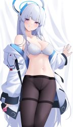 Rule 34 | 1girl, absurdres, bare shoulders, black pantyhose, blue archive, blue halo, blunt bangs, bra, breasts, cleavage, collarbone, commentary, cowboy shot, curtains, grey hair, halo, head tilt, headpiece, highres, jacket, large breasts, long hair, long sleeves, looking at viewer, navel, noa (blue archive), off shoulder, open clothes, open jacket, pantyhose, purple eyes, smile, solo, standing, stomach, thighband pantyhose, thighs, underwear, very long hair, white bra, white jacket, z.taiga