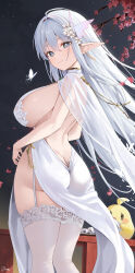 Rule 34 | 1girl, absurdres, albion (azur lane), albion (scent of pring in the red-pavilion) (azur lane), albion (scent of spring in the red pavilion) (azur lane), ass, azur lane, back, bare back, blue eyes, breasts, butt crack, butterfly hair ornament, cherry blossoms, commentary, commentary request, dress, flower, from behind, hair between eyes, hair ornament, highres, large breasts, long hair, looking at viewer, manjuu (azur lane), meettheton, official alternate costume, petals, pointy ears, sideboob, signature, smile, solo, standing, thigh strap, thighhighs, thighs, white dress, white flower, white thighhighs