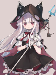 Rule 34 | 1girl, anchor, animal hood, azur lane, black cape, black ribbon, cape, center frills, chain, dress, erebus (azur lane), frilled gloves, frilled sleeves, frills, fujii shino, gloves, hair between eyes, high-waist skirt, highres, holding, holding staff, hood, hooded cape, long hair, looking to the side, neck ribbon, pantyhose, parted lips, petticoat, pinafore dress, pink eyes, puffy short sleeves, puffy sleeves, red ribbon, ribbon, ribbon-trimmed sleeves, ribbon trim, short sleeves, sidelocks, skirt, sleeveless dress, solo, staff, white gloves, white hair, white pantyhose