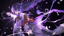 Rule 34 | 1girl, back tattoo, black background, black thighhighs, braid, commentary request, dutch angle, electricity, falling petals, floating hair, genshin impact, glowing, highres, holding, holding sword, holding weapon, human scabbard, japanese clothes, kimono, long hair, looking at viewer, low-braided long hair, low-tied long hair, mitsudomoe (shape), mont blanca, musou isshin (genshin impact), obiage, obijime, parted lips, petals, profile, purple eyes, purple hair, purple kimono, raiden shogun, sideways glance, single braid, solo, sword, tattoo, thighhighs, tomoe (symbol), very long hair, weapon, zettai ryouiki