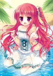 Rule 34 | 1girl, barefoot, beach, blush, curly hair, dress, feet, happy, highres, hisama kumako, index finger raised, jacket, long hair, original, outdoors, partially submerged, pointing, purple eyes, red hair, ribbon, side ponytail, sitting, soles, solo, wariza, water