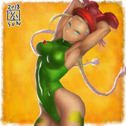 Rule 34 | 1girl, ahoge, armpits, arms behind head, arms up, bare arms, bare shoulders, beret, blonde hair, blue eyes, braid, breasts, cammy white, closed mouth, cowboy shot, dated, floating hair, gauntlets, gloves, green leotard, hat, highleg, highleg leotard, highres, ikeda (cpt), leaning to the side, leotard, looking at viewer, medium breasts, orange background, red gloves, red hat, scar, smile, solo, standing, street fighter, stretching, twin braids
