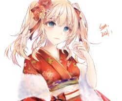 Rule 34 | 1girl, 2021, 7160824, artist name, black ribbon, blonde hair, blue eyes, blush, breasts, closed mouth, flower, fur-trimmed sleeves, fur trim, girls&#039; frontline, hair flower, hair ornament, hair ribbon, hand up, highres, japanese clothes, kimono, long hair, looking at viewer, looking away, obr (envoy of spring) (girls&#039; frontline), obr (girls&#039; frontline), ribbon, small breasts, solo, twintails, white background