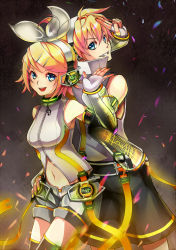 Rule 34 | 1boy, 1girl, absurdres, arm warmers, bad id, bad pixiv id, blonde hair, blue eyes, brother and sister, detached sleeves, hair ornament, hair ribbon, hairclip, headphones, highres, kagamine len, kagamine len (append), kagamine rin, kagamine rin (append), mirai denki, navel, ribbon, short hair, shorts, siblings, smile, twins, vocaloid, vocaloid append