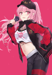 Rule 34 | 1girl, asle, baseball cap, black hat, black jacket, black pants, breasts, cleavage, cowboy shot, crop top, crop top overhang, fishnets, floating hair, hand in pocket, hat, holding, hololive, hololive english, jacket, jewelry, long hair, looking at viewer, medium breasts, microphone, midriff, mori calliope, mori calliope (streetwear), nail polish, navel, necklace, open clothes, open jacket, open mouth, pants, pink background, pink hair, ponytail, red eyes, see-through, shirt, simple background, smile, solo, standing, stomach, virtual youtuber, white shirt