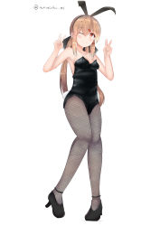 Rule 34 | 1girl, absurdres, animal ears, bare shoulders, black bow, bow, breasts, brown eyes, brown hair, double v, fake animal ears, hair between eyes, hair bow, hair ornament, hairclip, highres, kantai collection, leotard, long hair, looking at viewer, low twintails, numarinko, one eye closed, open mouth, pantyhose, playboy bunny, rabbit ears, rabbit tail, simple background, smile, solo, star (symbol), tail, tashkent (kancolle), twintails, v, white background