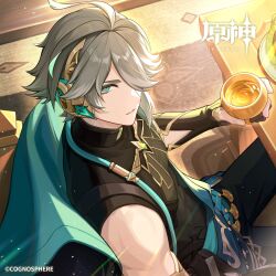 Rule 34 | 1boy, ahoge, alhaitham (genshin impact), aqua eyes, black pants, black shirt, commentary request, cup, genshin impact, grey hair, headphones, highres, holding, holding cup, indoors, looking at viewer, male focus, official art, pants, parted lips, shirt, short hair, sitting, sleeveless, sleeveless shirt, solo, table