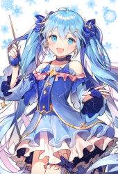 Rule 34 | 1girl, azit (down), blue dress, blue eyes, blue gloves, blue hair, bow, cowboy shot, detached sleeves, dress, earrings, fingerless gloves, gloves, hair between eyes, hair bow, hair ornament, hairclip, hatsune miku, highres, jewelry, long hair, looking at viewer, open mouth, snowflakes, solo, twintails, very long hair, vocaloid, wand, yuki miku
