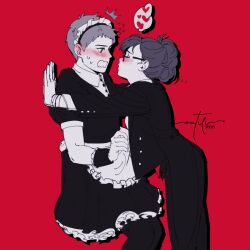 Rule 34 | 1boy, 1girl, alternate costume, apron, blush, butler, closed mouth, crossdressing, enmaided, flying sweatdrops, frills, glasses, gloves, greyscale with colored background, heart, imminent kiss, kabedon, looking at another, maid, maid apron, maid headdress, male maid, noctilin, persona, persona 3, persona 3 portable, puckered lips, sanada akihiko, shiomi kotone, spoken heart, thighhighs, wavy hair