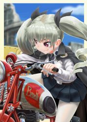 Rule 34 | 10s, 1girl, abazu-red, anchovy (girls und panzer), anzio (emblem), belt, black skirt, cape, colosseum, dress shirt, drill hair, emblem, girls und panzer, green hair, hair ribbon, highres, long hair, long sleeves, looking back, miniskirt, motor vehicle, motorcycle, necktie, pantyhose, pleated skirt, red eyes, ribbon, riding, rome (city), school uniform, shirt, skirt, solo, twin drills, twintails, vehicle request, white pantyhose, white shirt