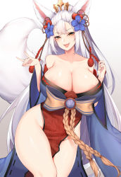 Rule 34 | 1girl, absurdres, animal ears, areola slip, bare shoulders, blonde hair, breasts, chixiao, cleavage, collarbone, commission, contrapposto, erune, fang, flower, fox ears, fox shadow puppet, granblue fantasy, hair flower, hair ornament, highres, huge breasts, japanese clothes, kimono, long hair, long sleeves, looking at viewer, pixiv commission, silver hair, smile, societte (granblue fantasy), solo, standing, tail, thighs, wide sleeves, yellow eyes