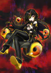 Rule 34 | 1girl, absurdres, baniran dorosu, black hair, blonde hair, boots, center opening, colored sclera, detached sleeves, extra eyes, eyepatch, finger to mouth, floating, full body, gloves, gold trim, gradient hair, grin, half-closed eyes, half gloves, highres, crossed legs, long hair, looking at viewer, multicolored hair, orange eyes, original, smile, solo, thigh boots, thighhighs, yellow sclera, traditional youkai
